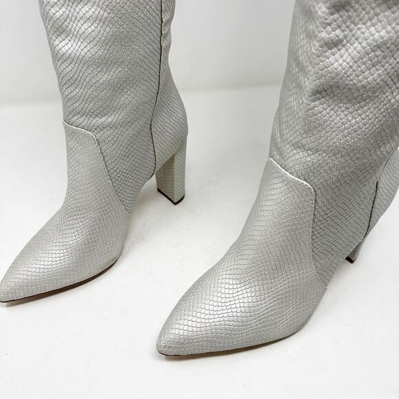 Y2k Silver Croc Embossed Leather Heeled Boots Size 6 Knee High Paige - Picture 4 of 8
